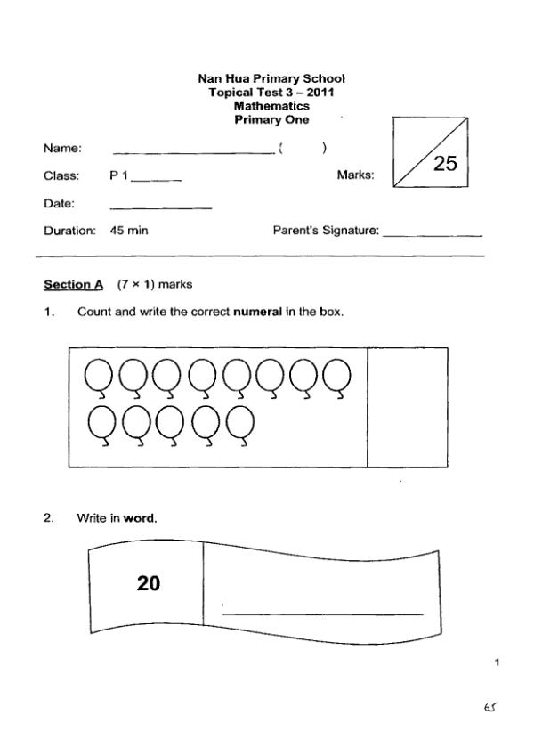 Nan Hua P1 Math WA3 2011 exam paper PDF first page preview
