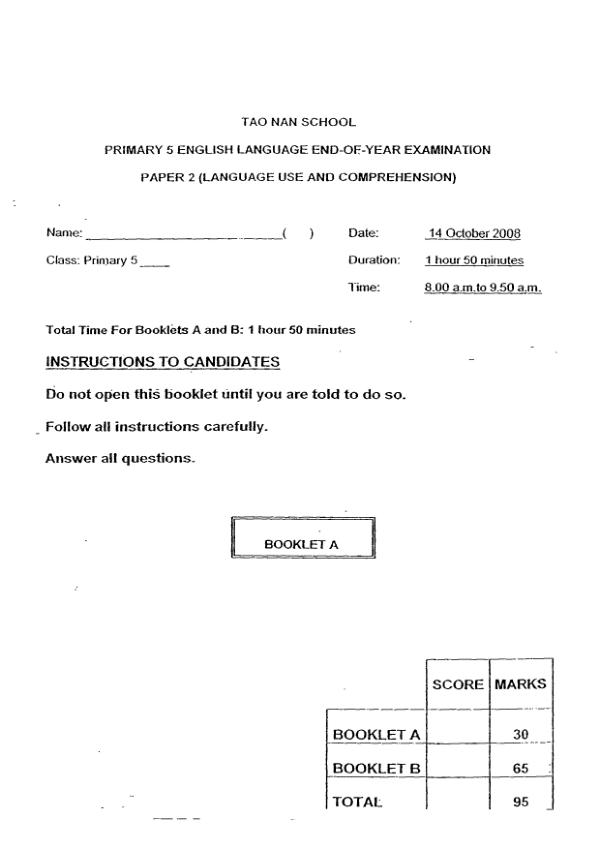 Tao Nan P5 Eng SA2 2008 exam paper PDF first page preview
