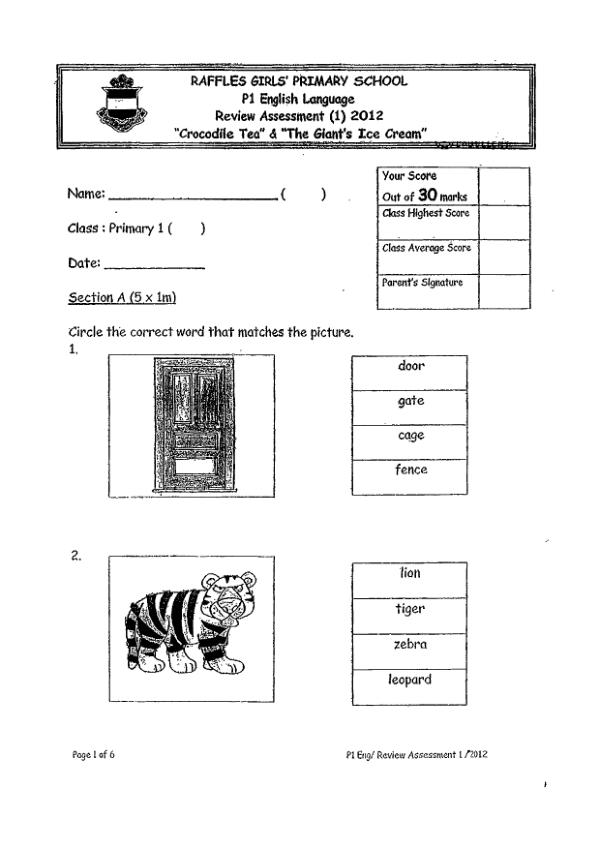 Raffles Girls P1 Eng WA1 2012 exam paper PDF preview
