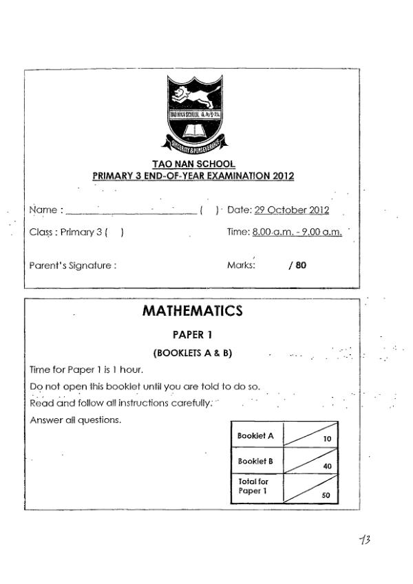 Tao Nan P3 Math SA2 2012 exam paper PDF preview