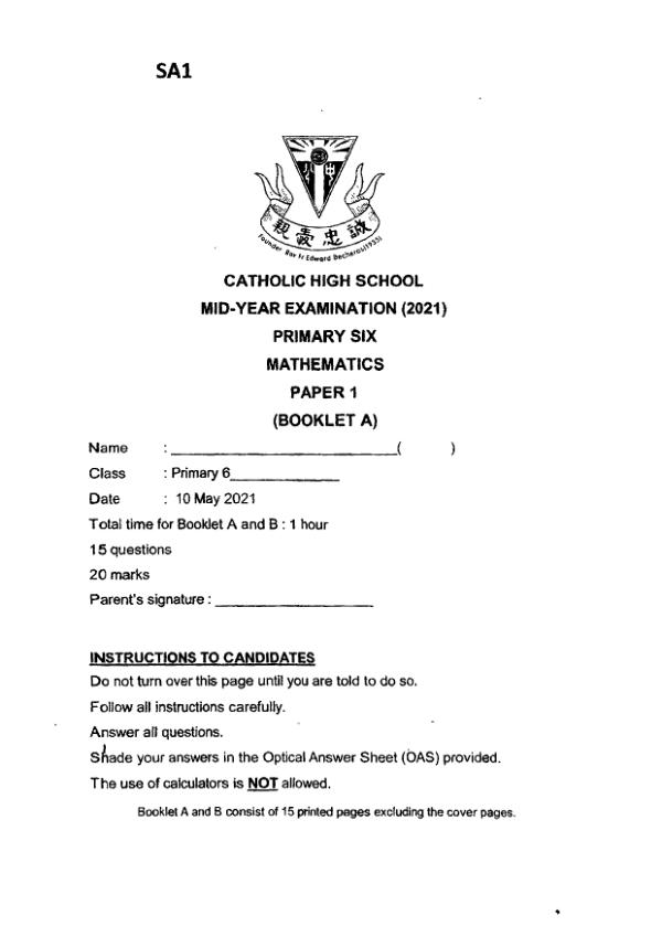 First page preview of P6 Math 2021 WA2 — Catholic High