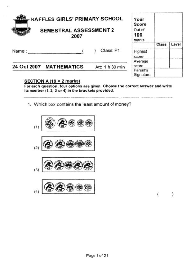 Raffles Girls P1 Math SA2 2007 exam paper PDF preview
