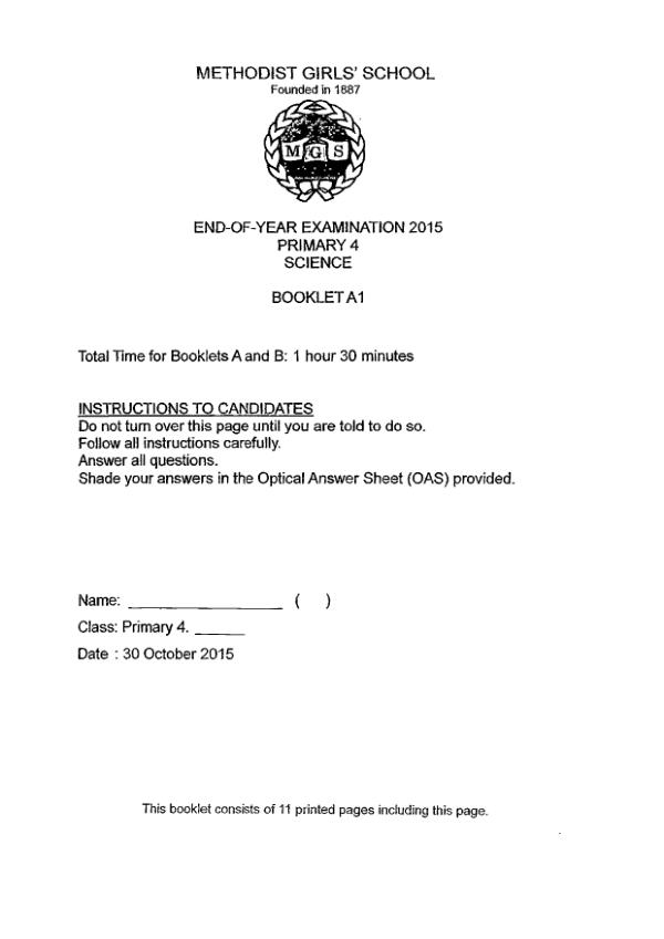 Methodist Girls P4 Sci SA2 2015 exam paper PDF first page preview