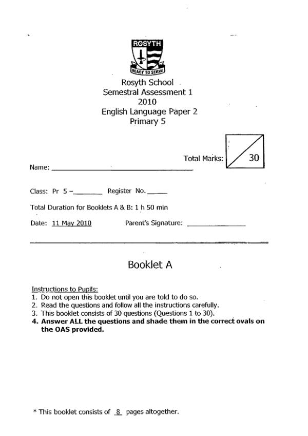 Rosyth P5 Eng WA2 2010 exam paper PDF preview