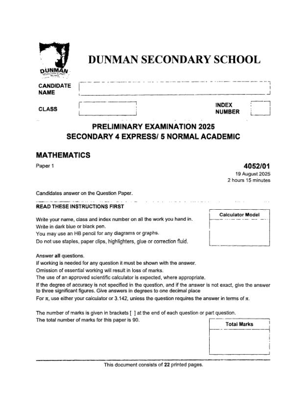Dunman High Sec4 E_Maths Prelim 2025 exam paper PDF preview