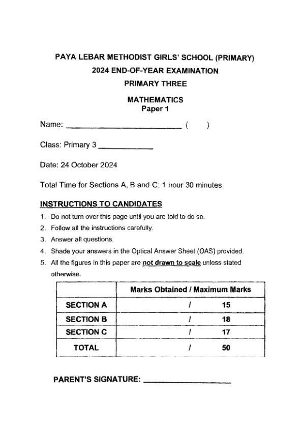 First page preview of P3 Math 2024 SA2 — Methodist Girls