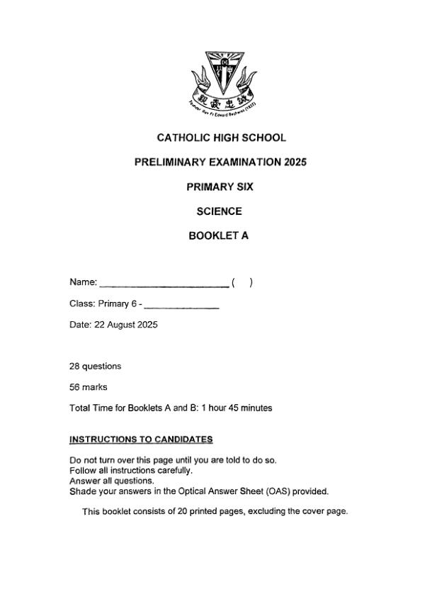 Catholic High P6 Sci SA2 2025 exam paper PDF first page preview