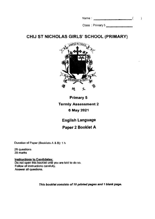 CHIJ P5 Eng WA2 2021 exam paper PDF first page preview