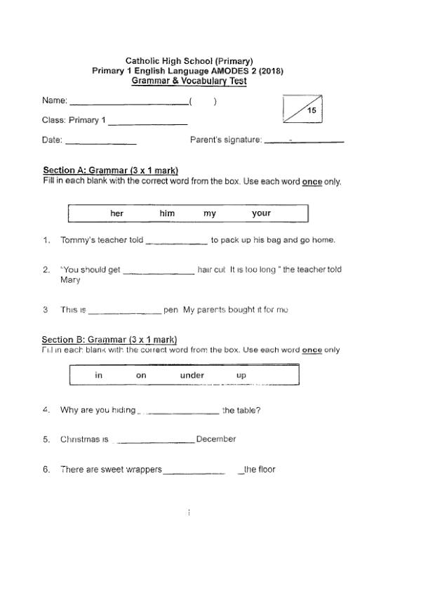 Catholic High P1 Eng WA2 2018 exam paper PDF preview