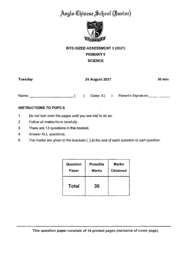 Anglo Chinese P5 Sci WA3 2021 exam paper PDF first page preview