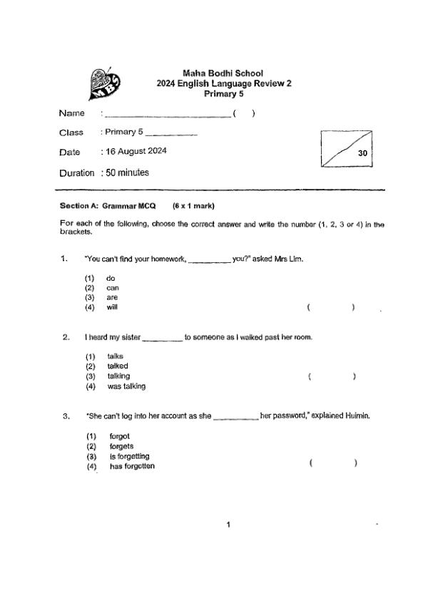 First page preview of P5 Eng 2024 WA2 — Maha Bodhi
