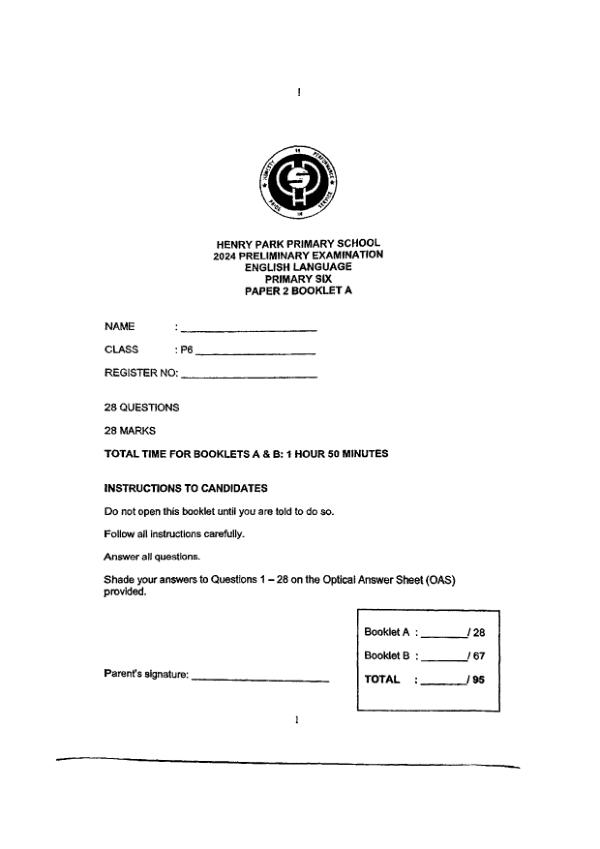 First page preview of P6 Eng 2024 SA2 — Henry Park