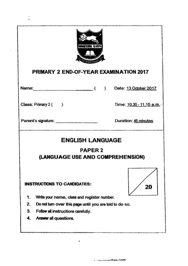 Tao Nan P2 Eng SA2 2017 exam paper PDF preview