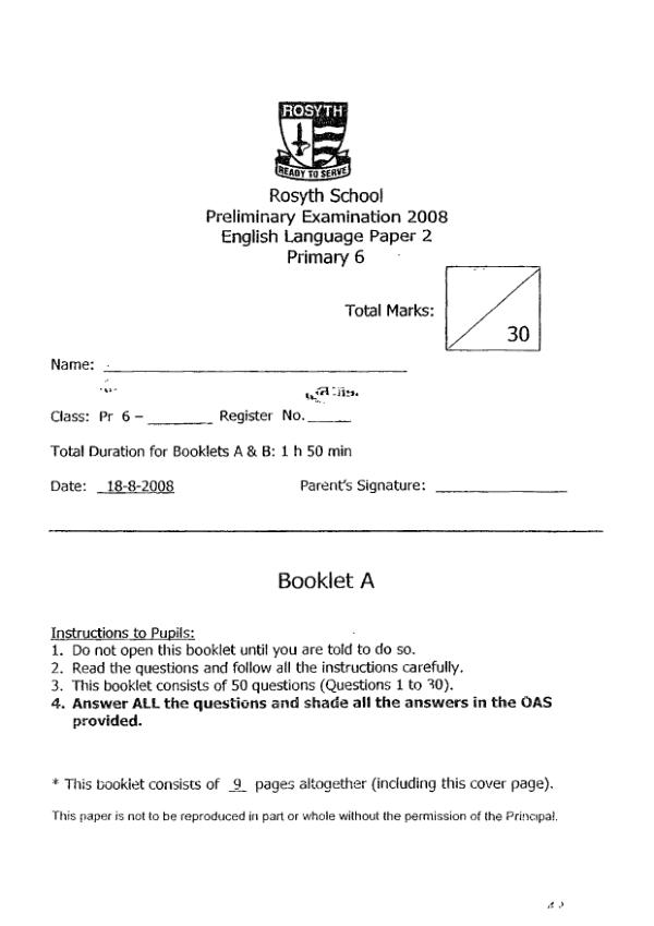 Rosyth P6 Eng SA2 2008 exam paper PDF preview