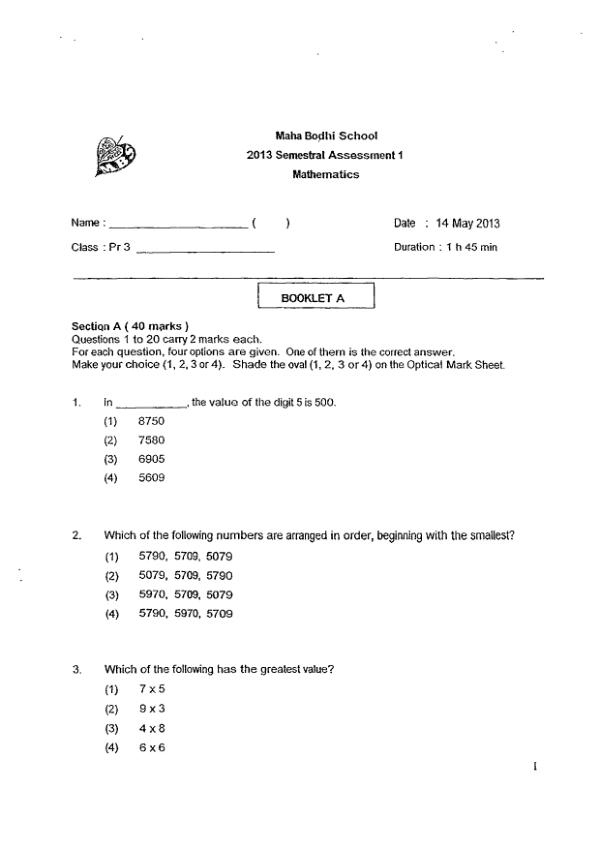 Maha Bodhi P3 Math WA2 2013 exam paper PDF preview