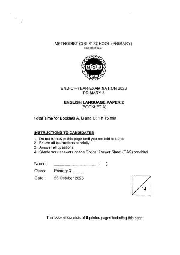Methodist Girls P3 Eng SA2 2023 exam paper PDF preview