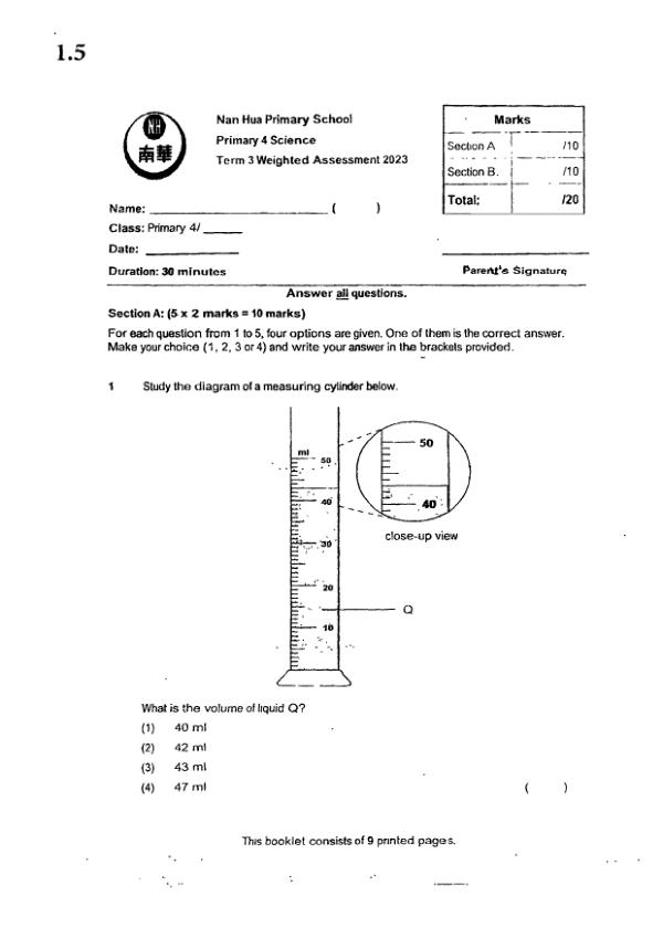 Nan Hua P4 Sci WA3 2023 exam paper PDF first page preview