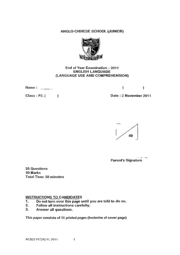 Anglo Chinese P2 Eng SA2 2011 exam paper PDF first page preview