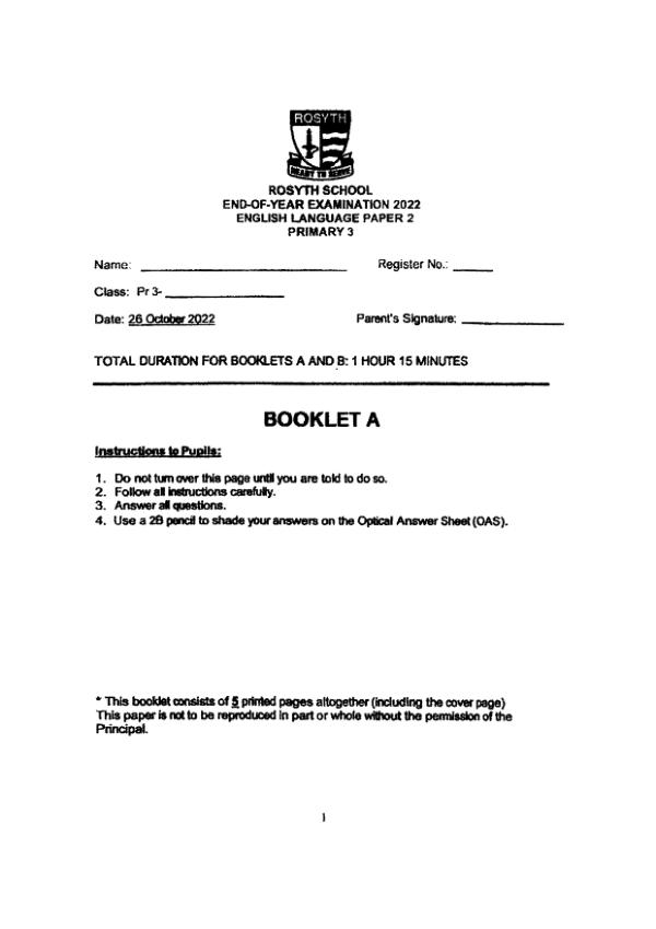 Rosyth P3 Eng SA2 2022 exam paper PDF preview