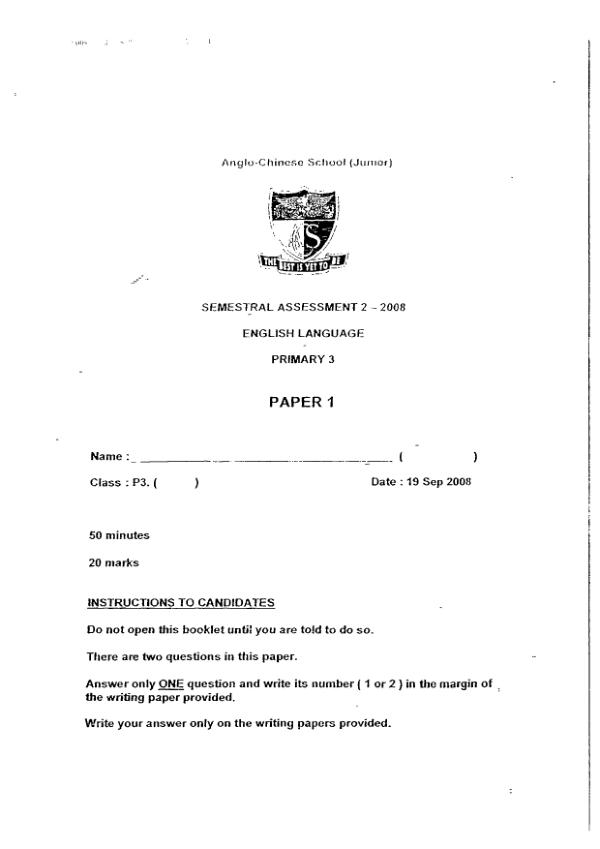 Anglo Chinese P3 Eng SA2 2008 exam paper PDF preview