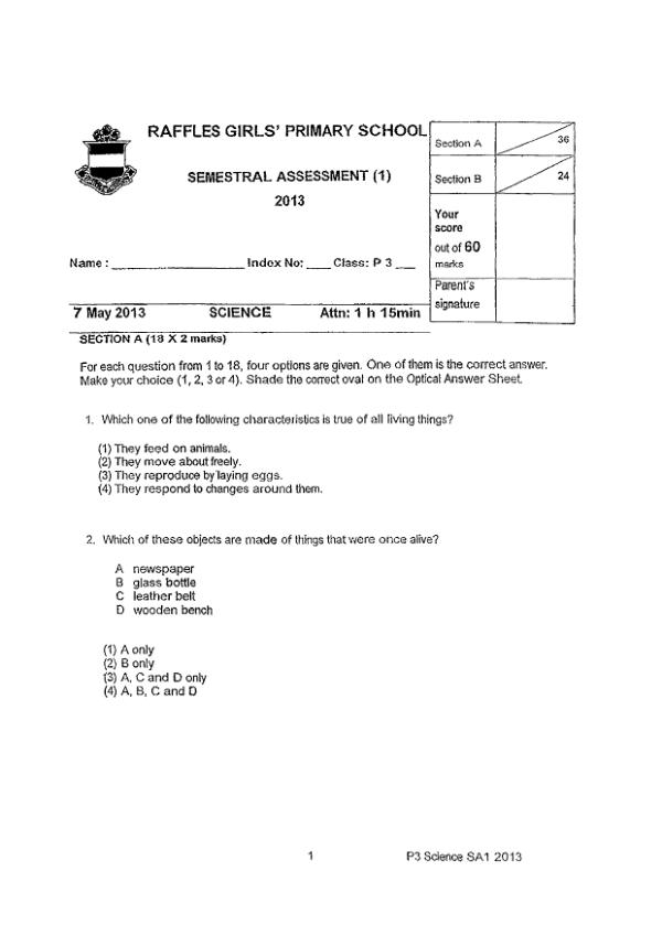 Raffles Girls P3 Sci WA2 2013 exam paper PDF preview