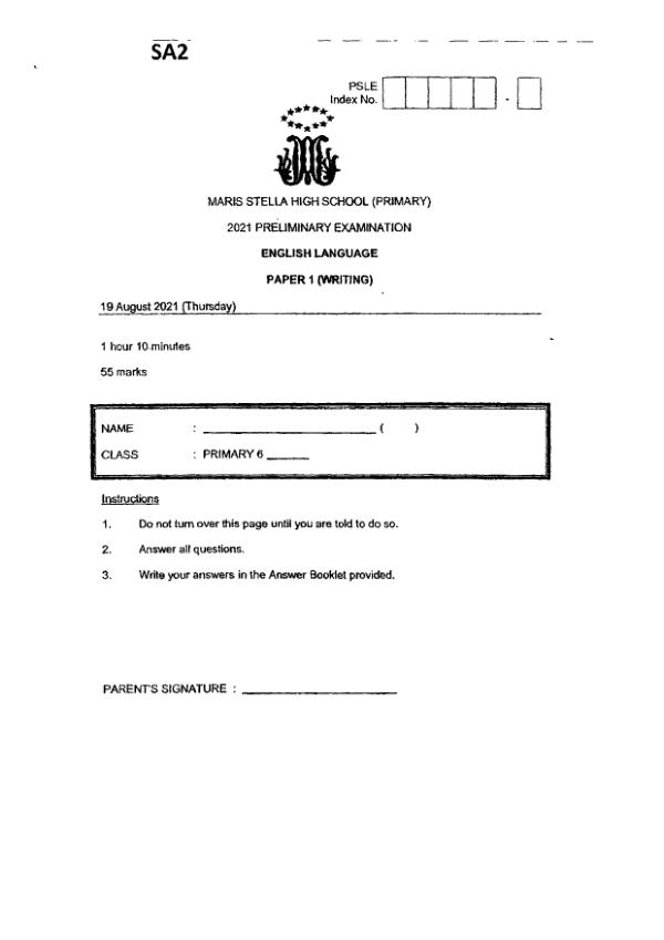 Maris Stella High P6 Eng SA2 2021 exam paper PDF first page preview