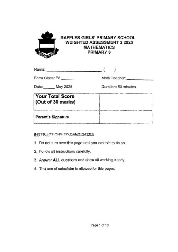 First page preview of P6 Math 2025 WA2 — Raffles Girls