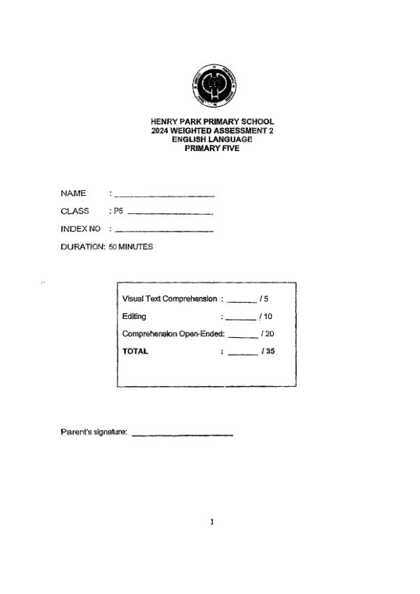 First page preview of P5 Eng 2024 WA2 — Henry Park