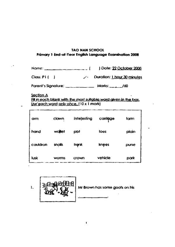 Tao Nan P1 Eng SA2 2008 exam paper PDF first page preview