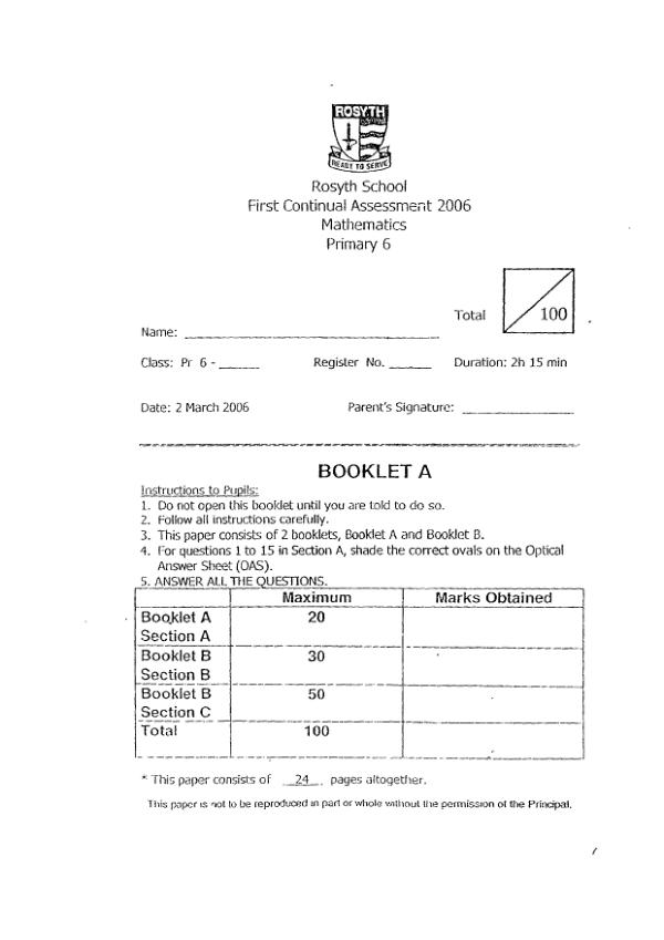 Rosyth P6 Math WA1 2006 exam paper PDF preview