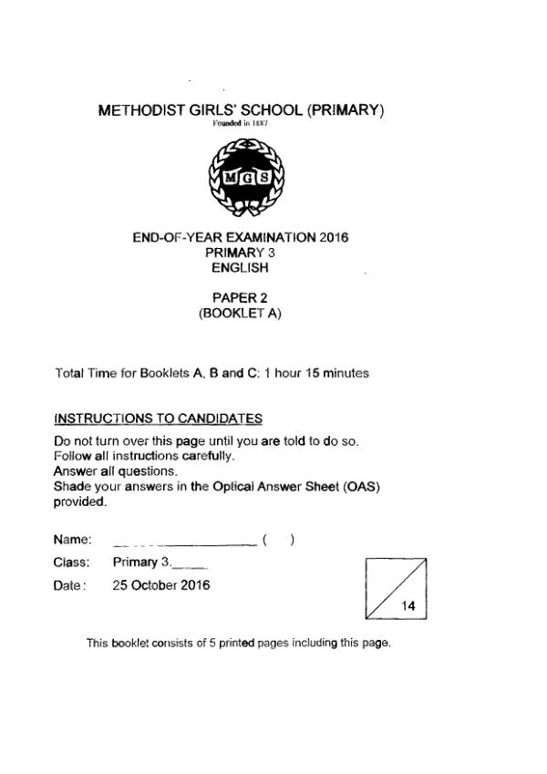 Methodist Girls P3 Eng SA2 2016 exam paper PDF first page preview