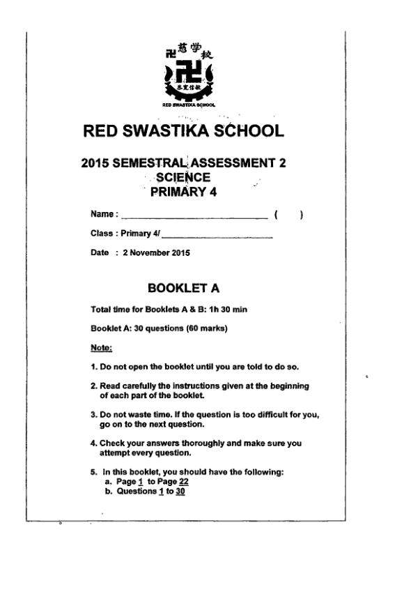 Red Swastika P4 Sci SA2 2015 exam paper PDF first page preview