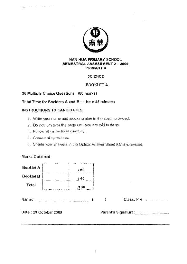 Nan Hua P4 Sci SA2 2009 exam paper PDF preview