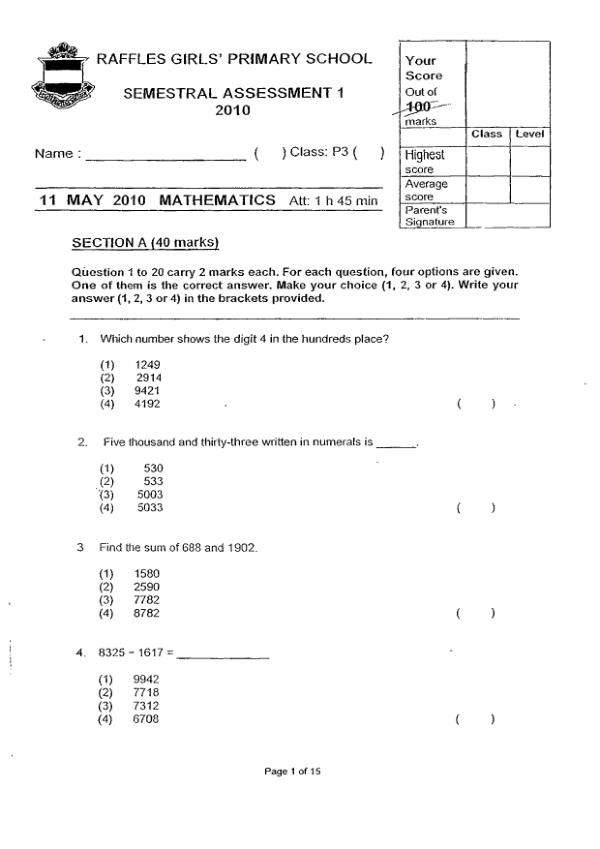 Raffles Girls P3 Math WA2 2010 exam paper PDF preview