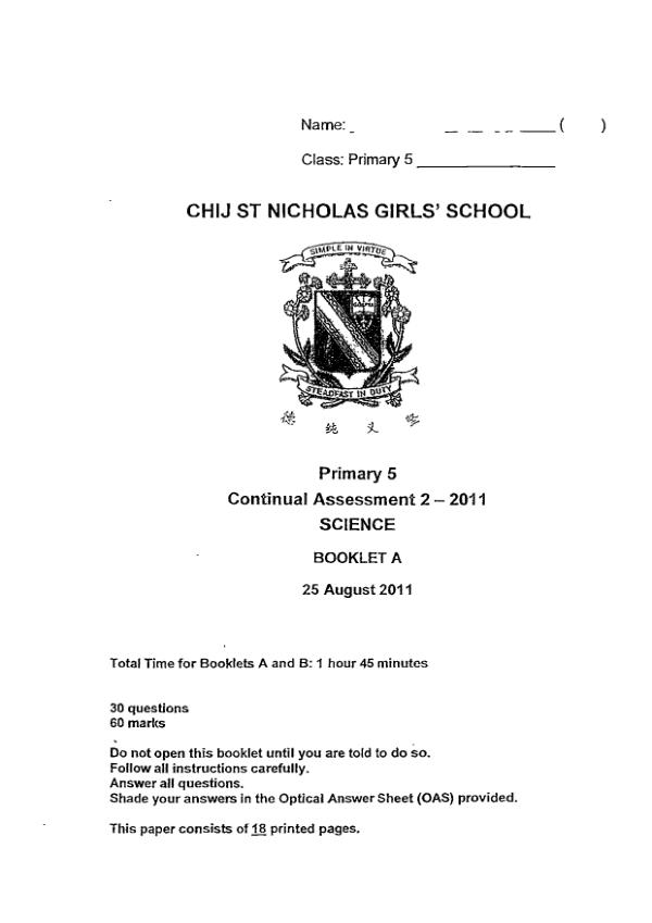 CHIJ P5 Sci WA3 2011 exam paper PDF first page preview