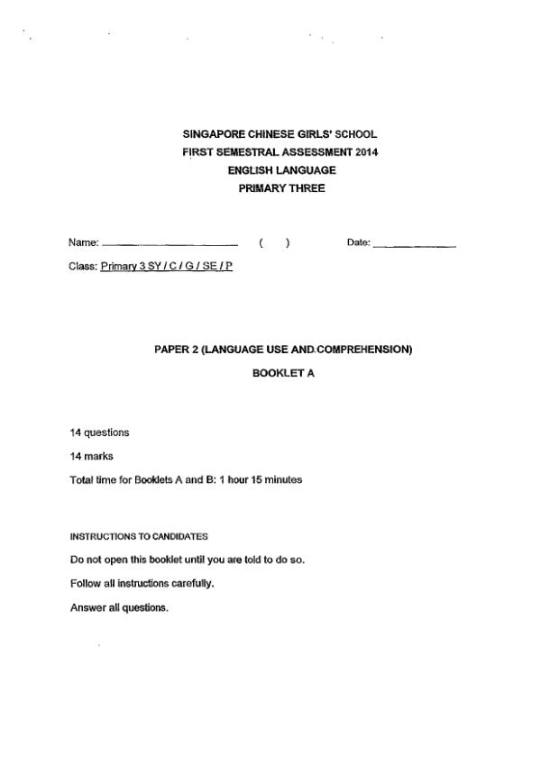 Singapore Chinese Girls P3 Eng WA2 2014 exam paper PDF first page preview