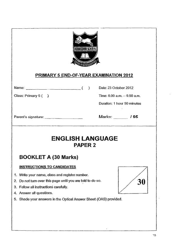 Tao Nan P5 Eng SA2 2012 exam paper PDF preview