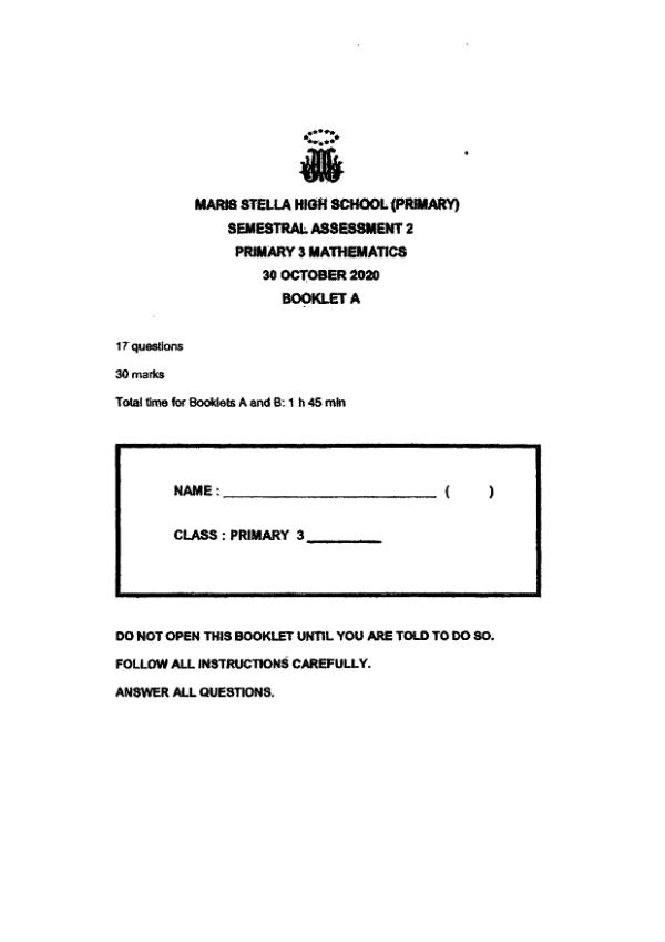 First page preview of P3 Math 2020 SA2 — Maris Stella High