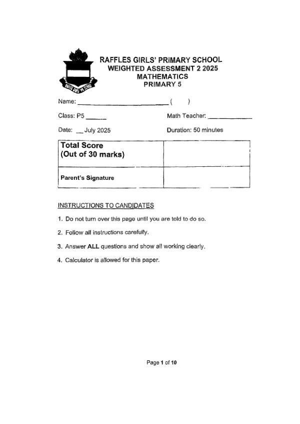 First page preview of P5 Math 2025 WA2 — Raffles Girls