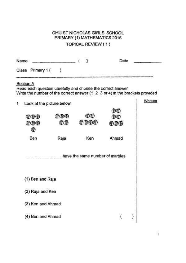 First page preview of P1 Math 2015 WA2 — CHIJ