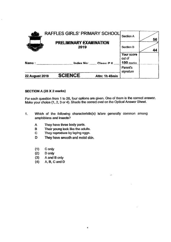 Raffles Girls P6 Sci SA2 2019 exam paper PDF preview