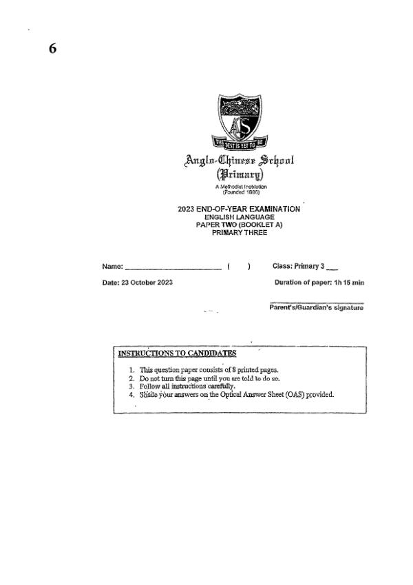 Anglo Chinese P3 Eng SA2 2023 exam paper PDF first page preview