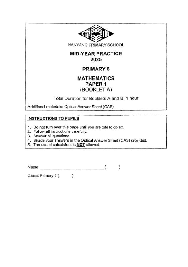 First page preview of P6 Math 2025 WA2 — Nanyang