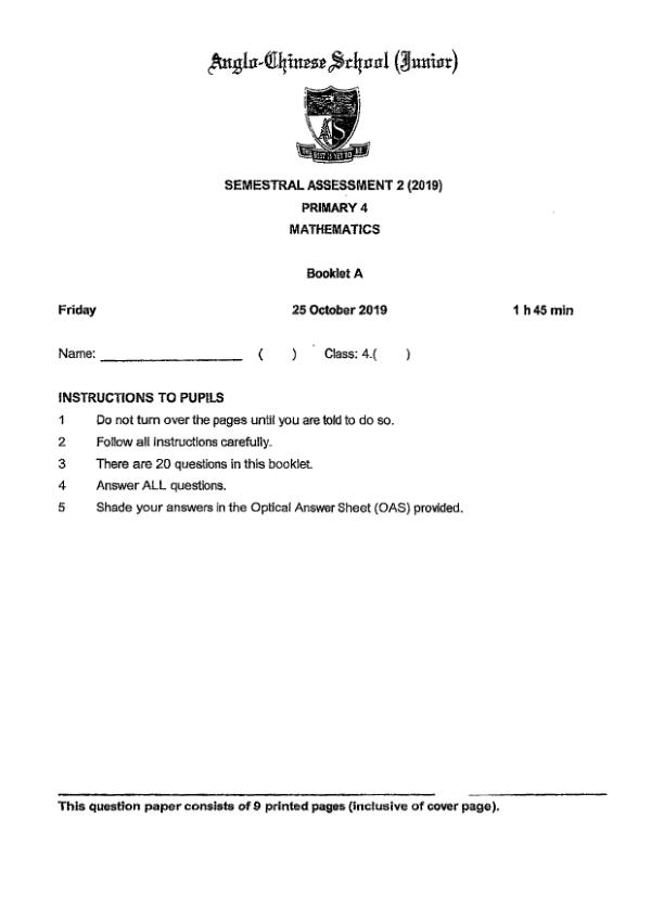 First page preview of P4 Math 2019 SA2 — Anglo Chinese