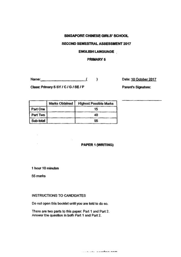 Singapore Chinese Girls P5 Eng SA2 2017 exam paper PDF first page preview
