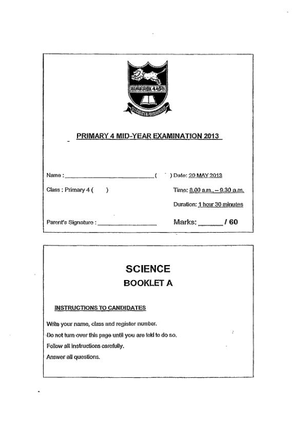 Tao Nan P4 Sci WA2 2013 exam paper PDF preview