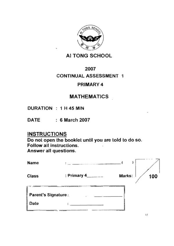 Ai Tong P4 Math WA1 2007 exam paper PDF preview