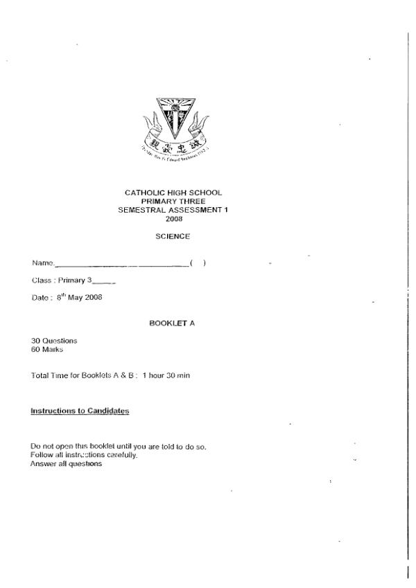 Catholic High P3 Sci WA2 2008 exam paper PDF preview