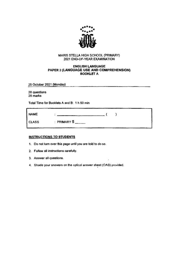 Maris Stella High P5 Eng SA2 2021 exam paper PDF first page preview