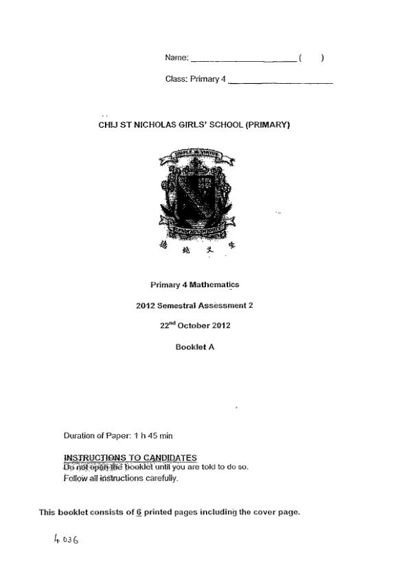 CHIJ P4 Math SA2 2012 exam paper PDF preview
